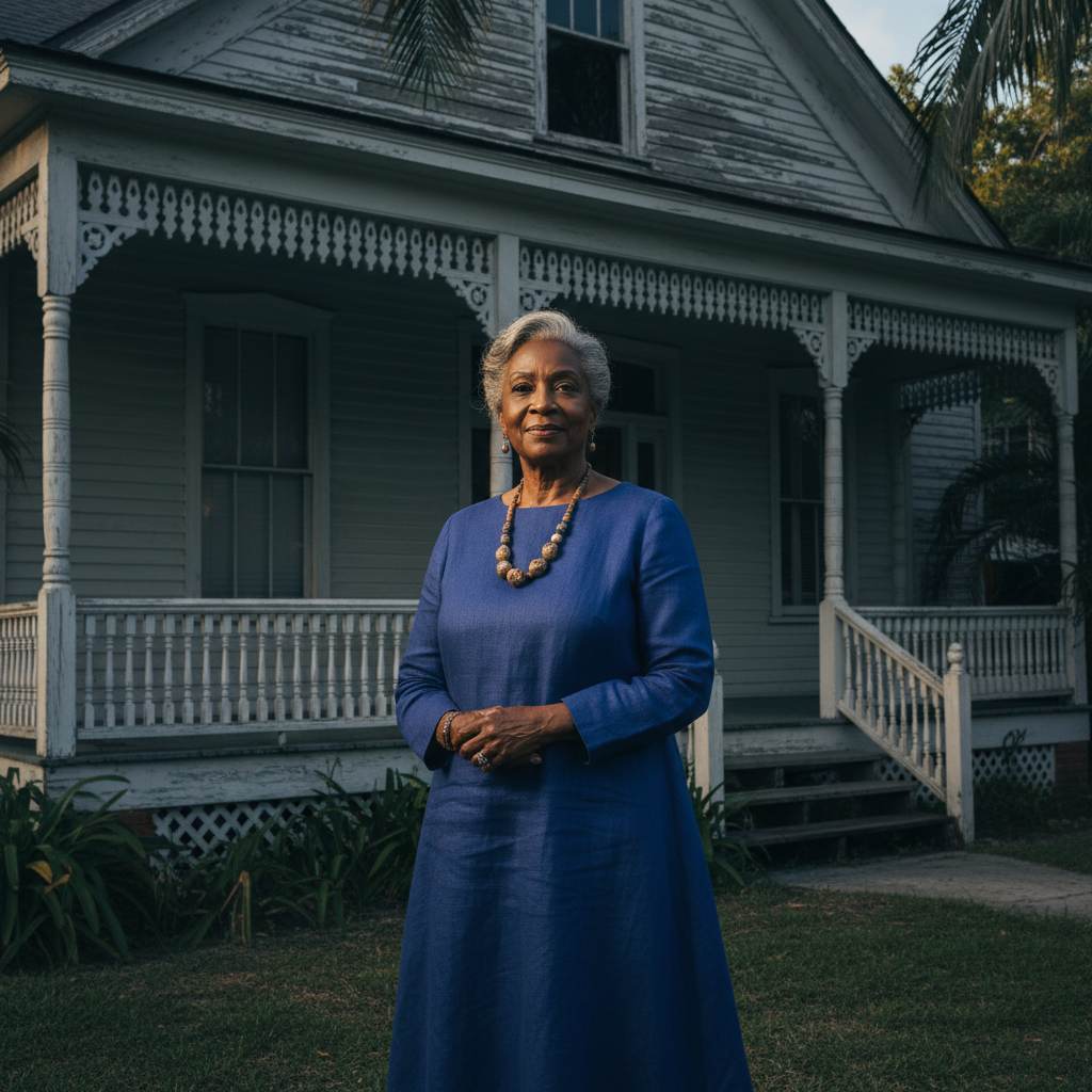An elder of the community standing before a historic Liberty City home