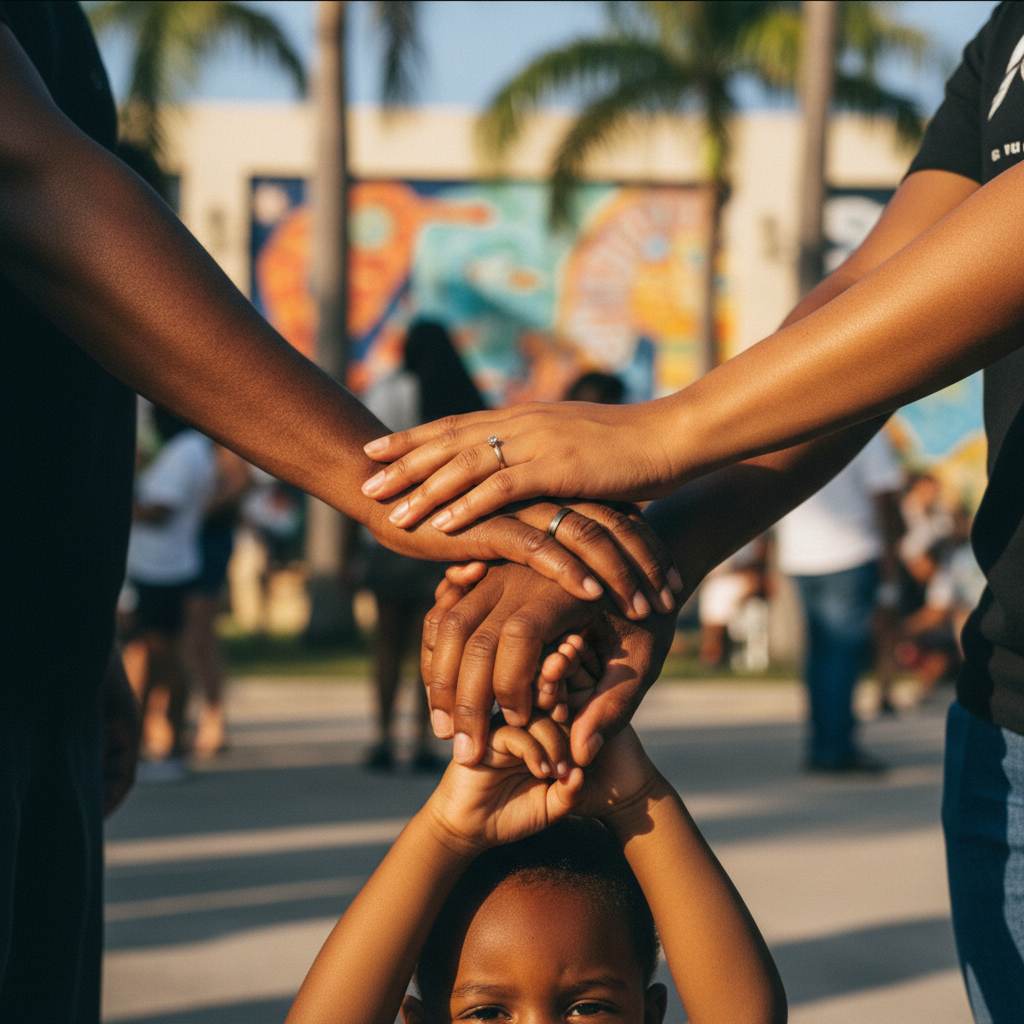 Hands stacked together &mdash; organizers and a child at a community gathering