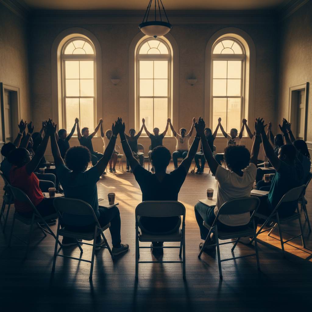 Community members with raised hands in a church-hall organizing meeting