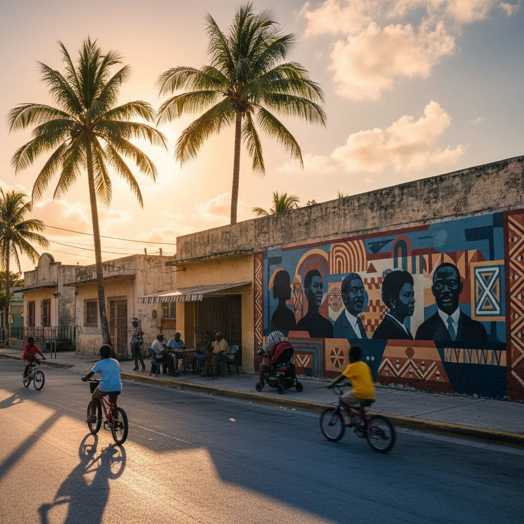 Children riding past a mural of Black leaders on a Miami street