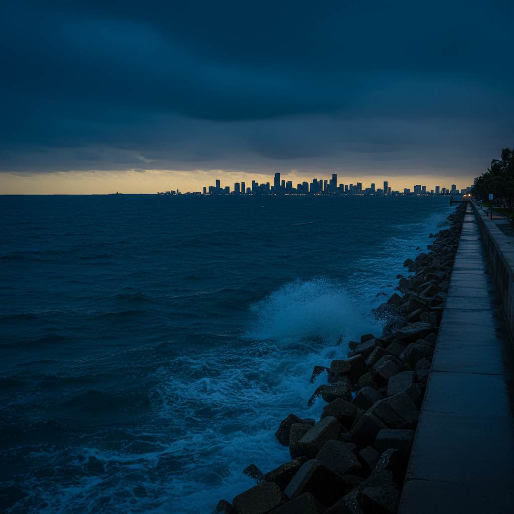 Waves breaking against the Miami shoreline at dusk